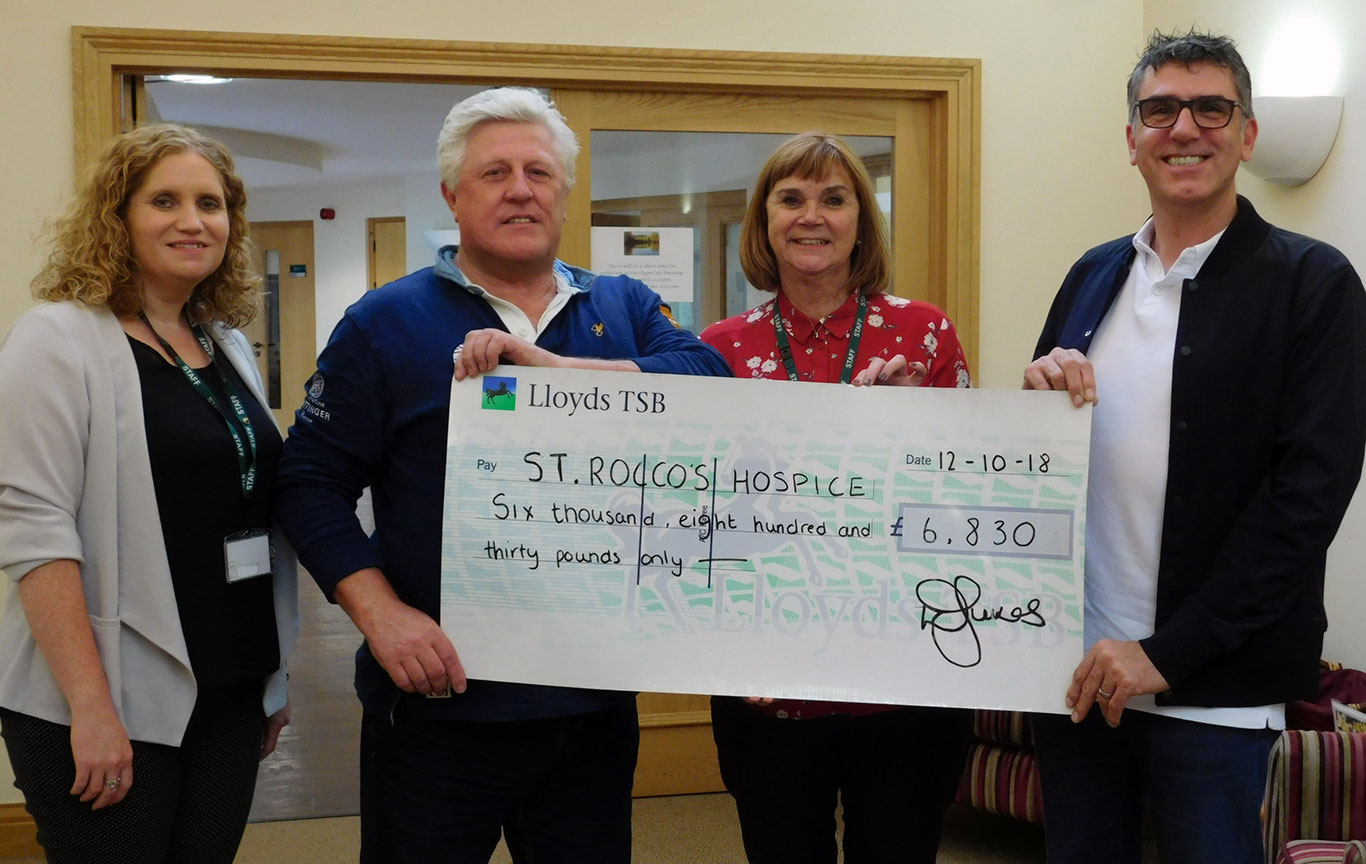 Tim Arnold Colin Lawson present a cheque for £6,830 to St Rocco's Hospice