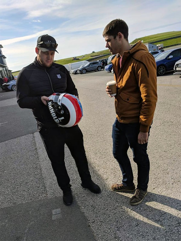 Joel Shields and James Reeves with Jamie's Helmet